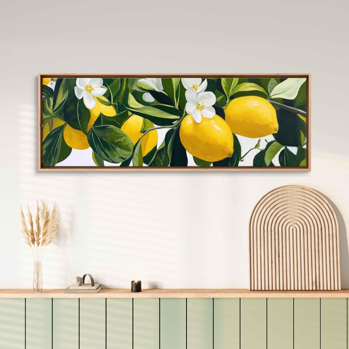 Sunny Lemons White Blossoms Green Leaves Bright Panoramic Art Poster