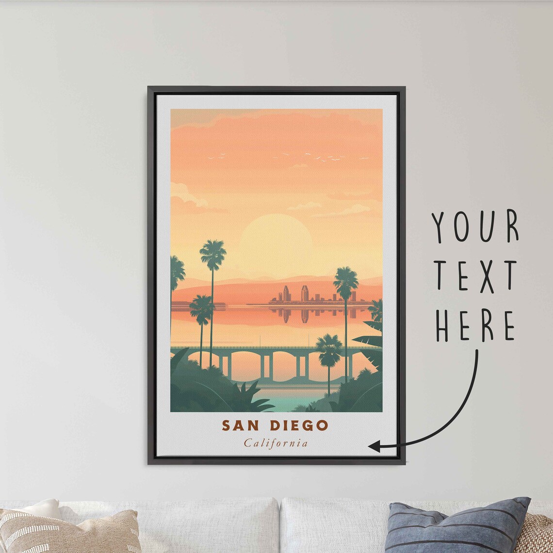 San Diego California Bay Skyline Palm Trees Sunset Travel Poster