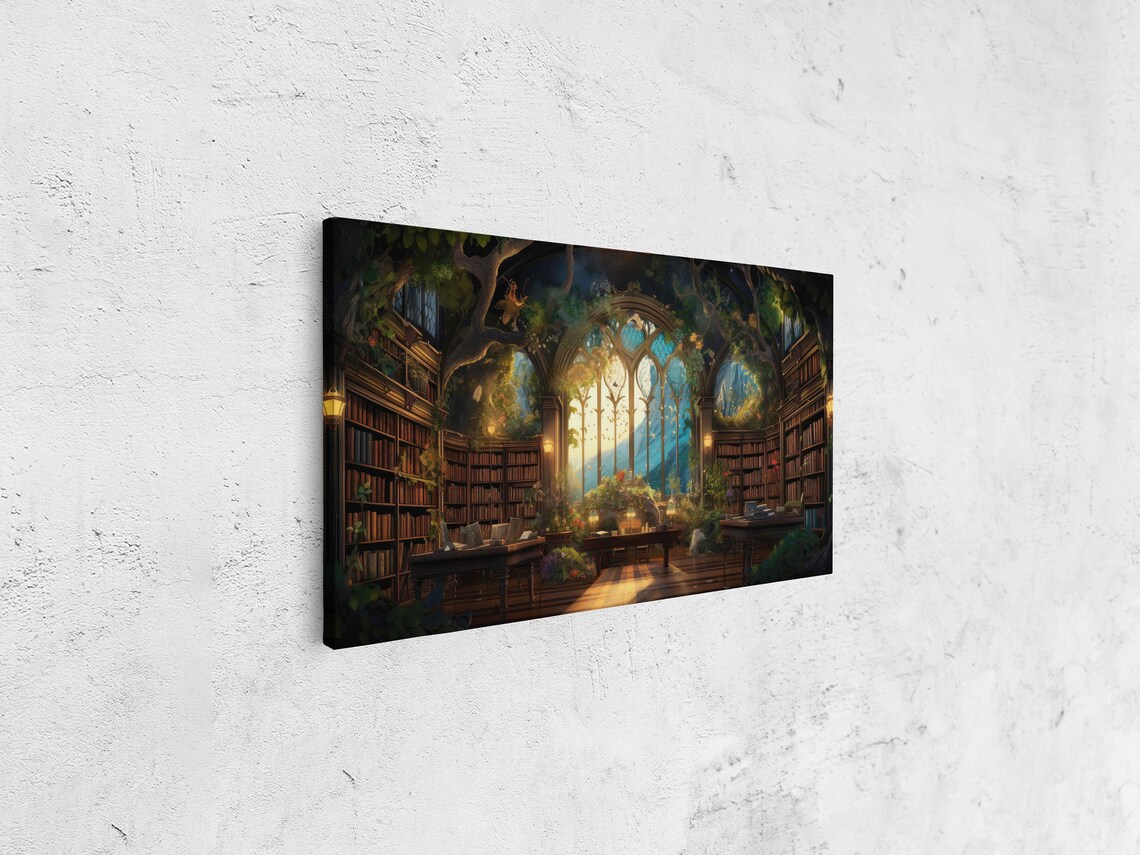 Enchanted Treehouse Library Night Glowing Windows Fireflies Fantasy Poster - Image 4