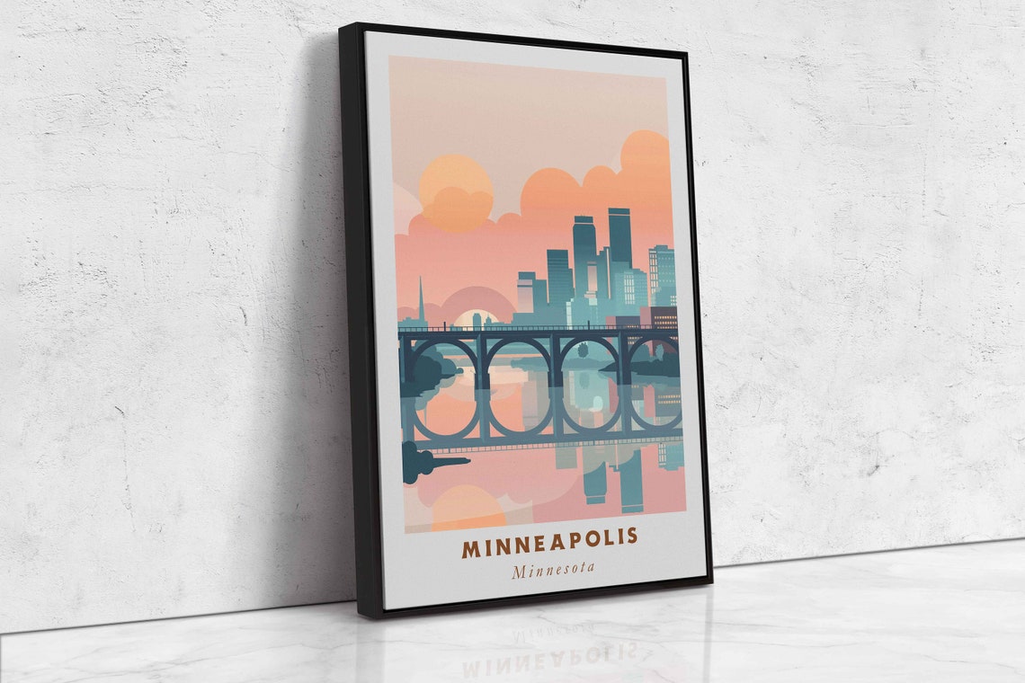 Minneapolis Minnesota Bridge Skyline Reflection Pink Sunset Poster - Image 2