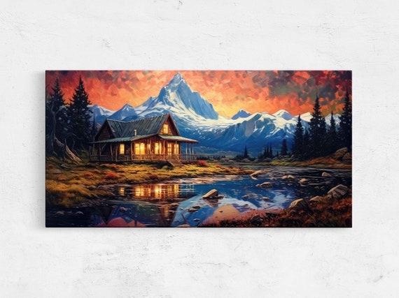 Cabin Starry Night Sky Panoramic Landscape Painting Framed Print Ready To Hang Coloful Night Sky Living Room Decor