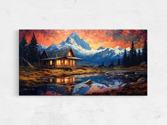 Lakeside Cabin Sunset Reflection Snowy Peak Fiery Orange Sky Art Poster