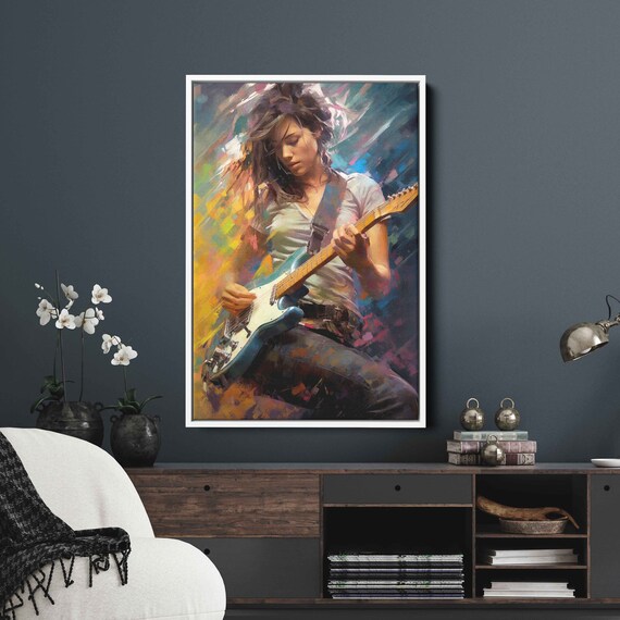 Female Guitarist On Stage Blue Electric Guitar Colorful Music Art