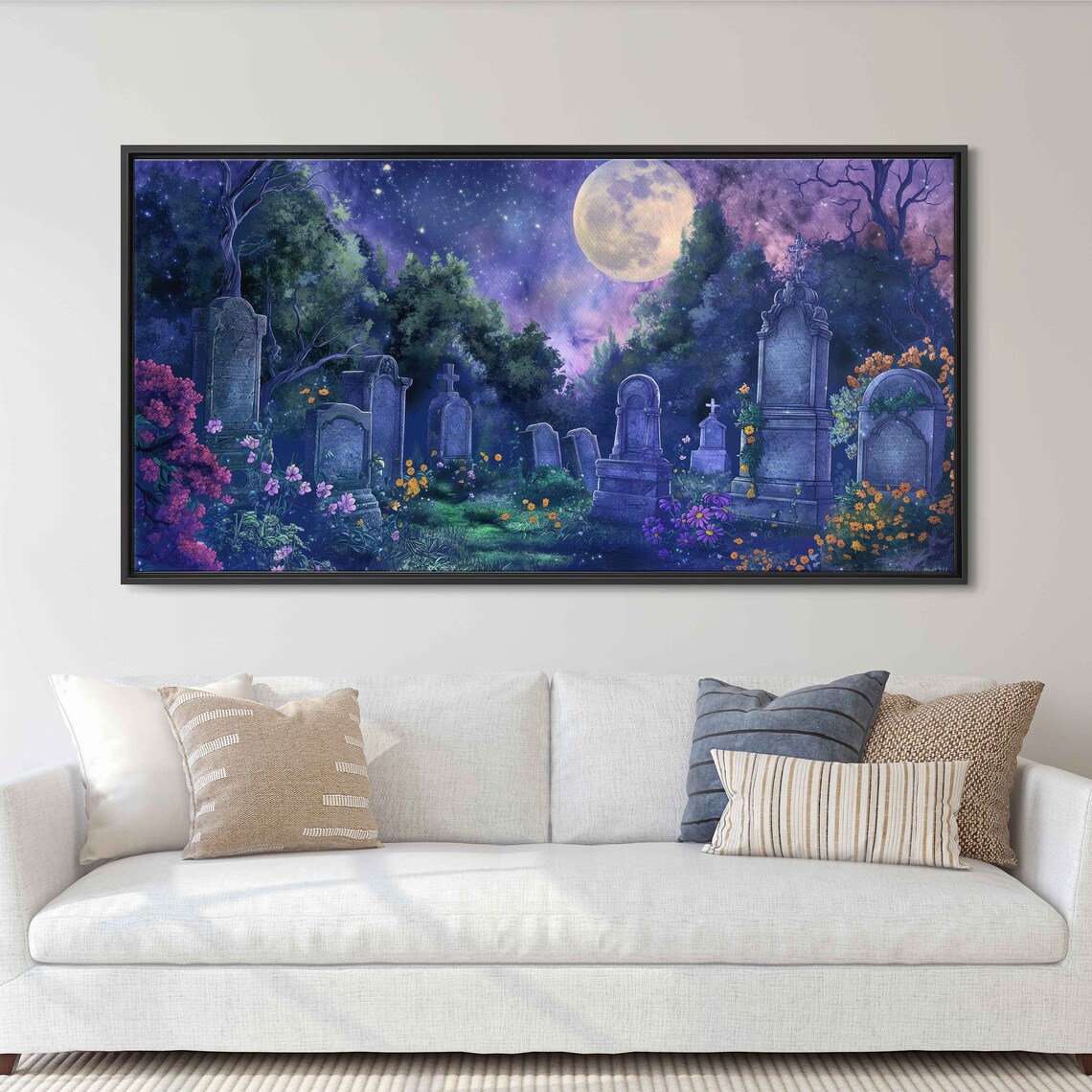Moonlit Graveyard Watercolor Tombstones Full Moon Night Gothic Wall Art