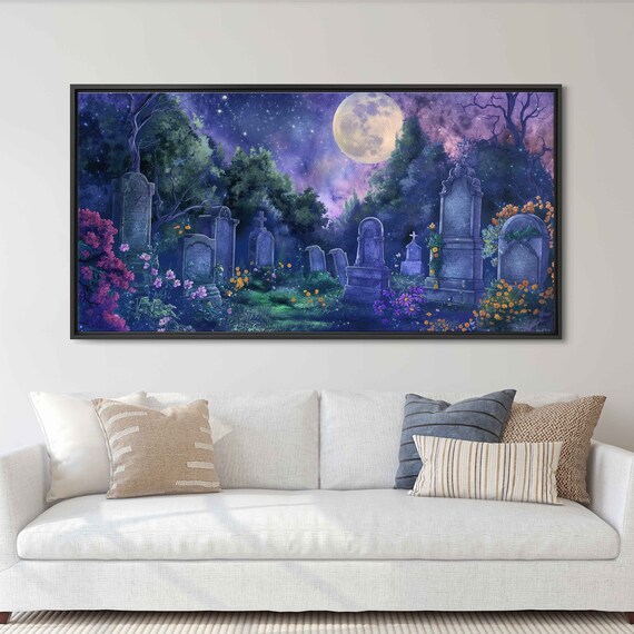 Moonlit Graveyard Watercolor Tombstones Full Moon Night Gothic Wall Art