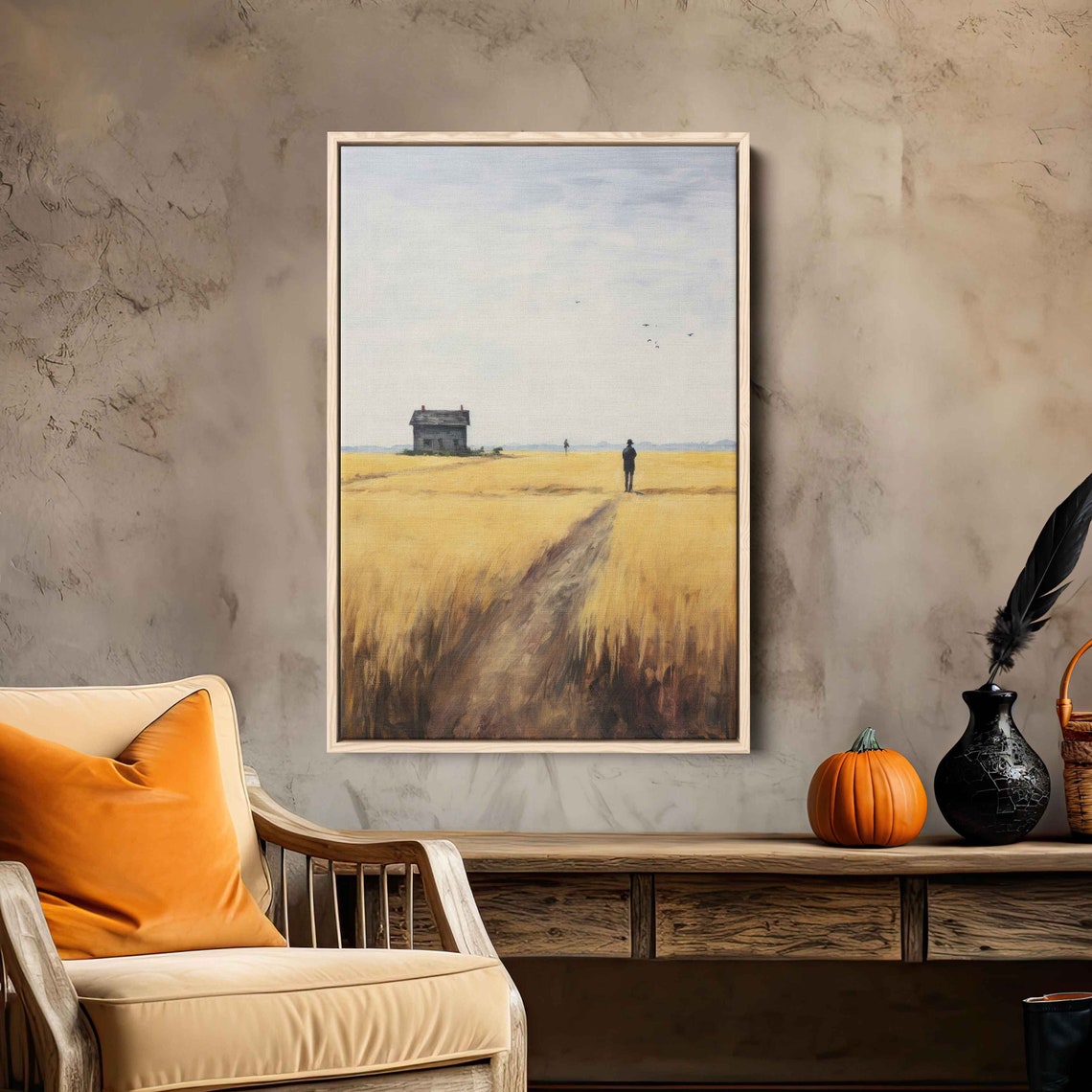Home On A Wheat Field Rustic Wall Art Framed Print Impressionist Art Countryside Painting Reproduction Print - Image 3
