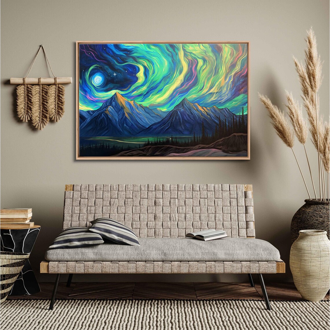 Rainbow Aurora Borealis Over Mountain Peaks Night Sky Starry Wall Art Poster - Image 3