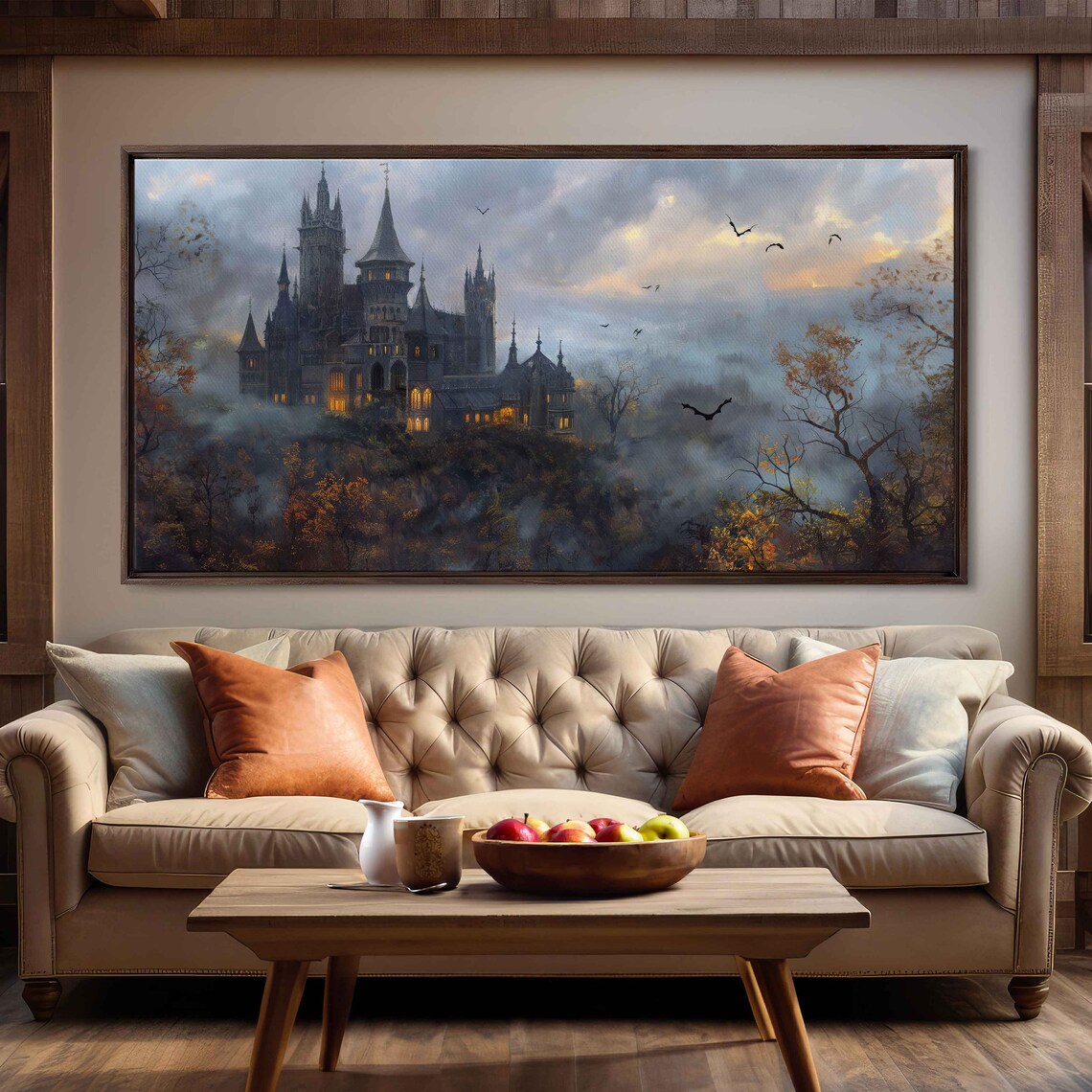 Gothic Castle On Hill With Twisted Trees Bats In Foggy Autumn Night Wall Art