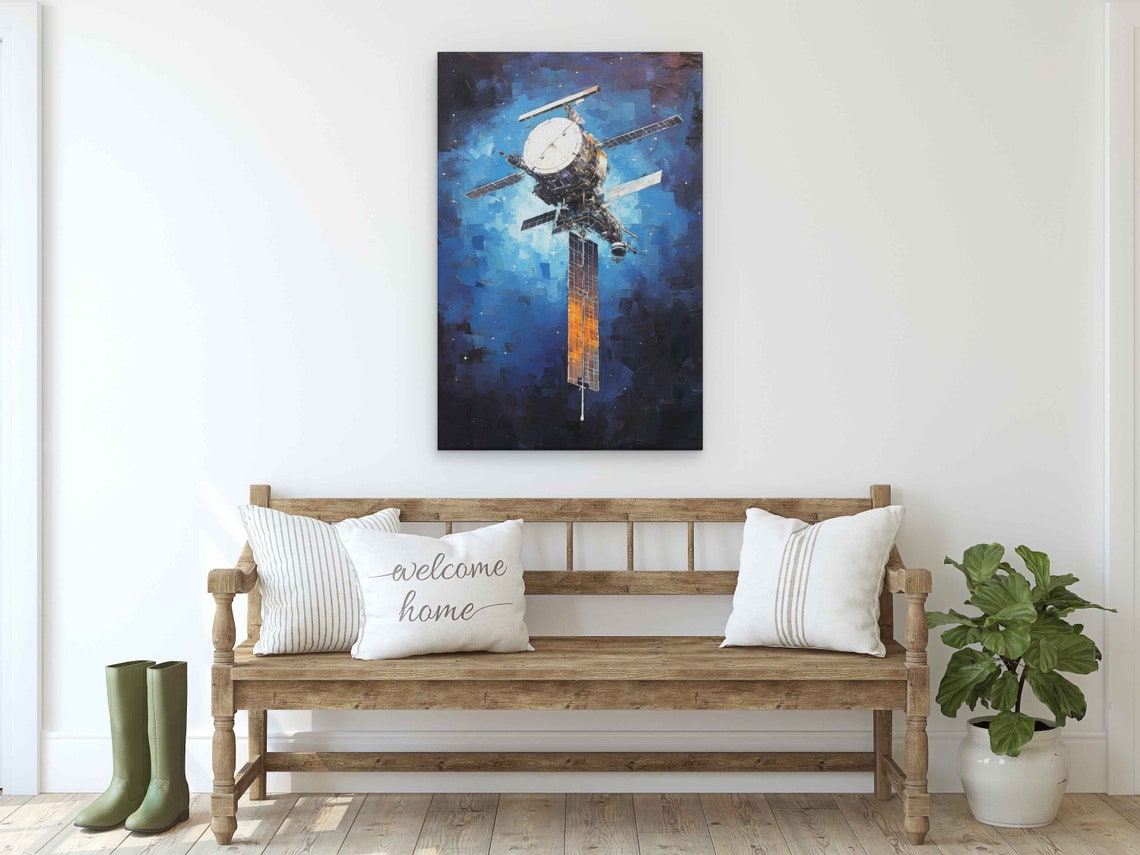 Space Station Orbiting Blue Starry Cosmos Oil Painting Space Art Print - Image 2