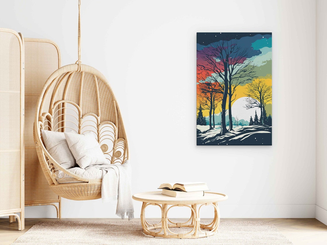 Colorful Winter Night Glow Bare Trees Snowy Field Art Poster - Image 3