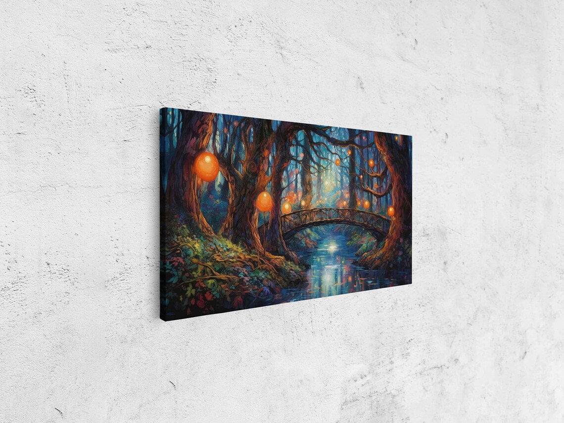Enchanted Firefly Forest With Bridge Fantasy Art Magical Lanterns Framed Print Ready To Hang Panoramic Painting - Image 4