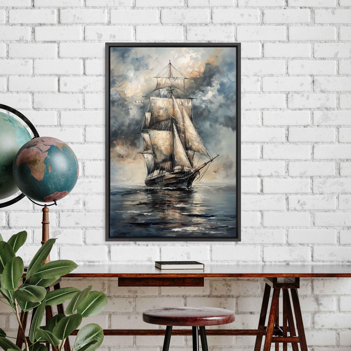Vintage Tall Ship With Full Sails On Stormy Dark Ocean Seascape Poster - Image 3
