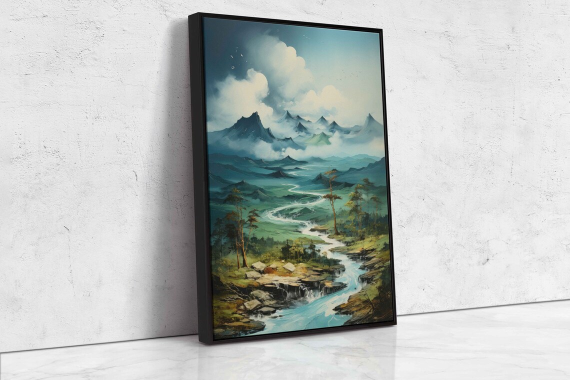 Cloudy Mountain River Valley Print On Ready To Hang - Image 4