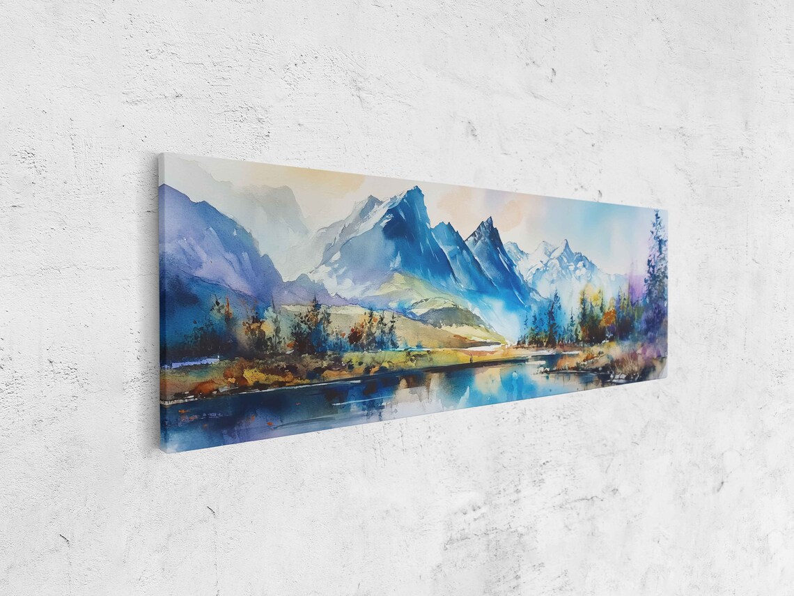 Panoramic Watercolor Snowy Mountain Range Wall Art Print Peaceful Nature Landscape Ready To Hang - Image 4