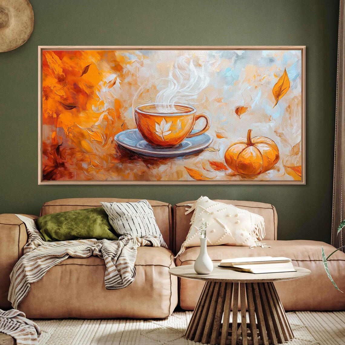 Steaming Pumpkin Latte With Leaf Art And Pumpkin Among Autumn Leaves Painting Poster