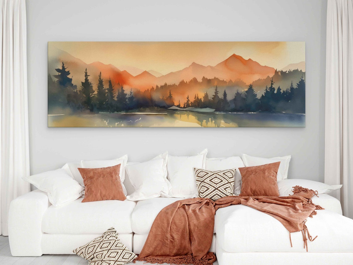 Sunset Mountain Lake Pine Forest Watercolor Panoramic Travel Poster - Image 2