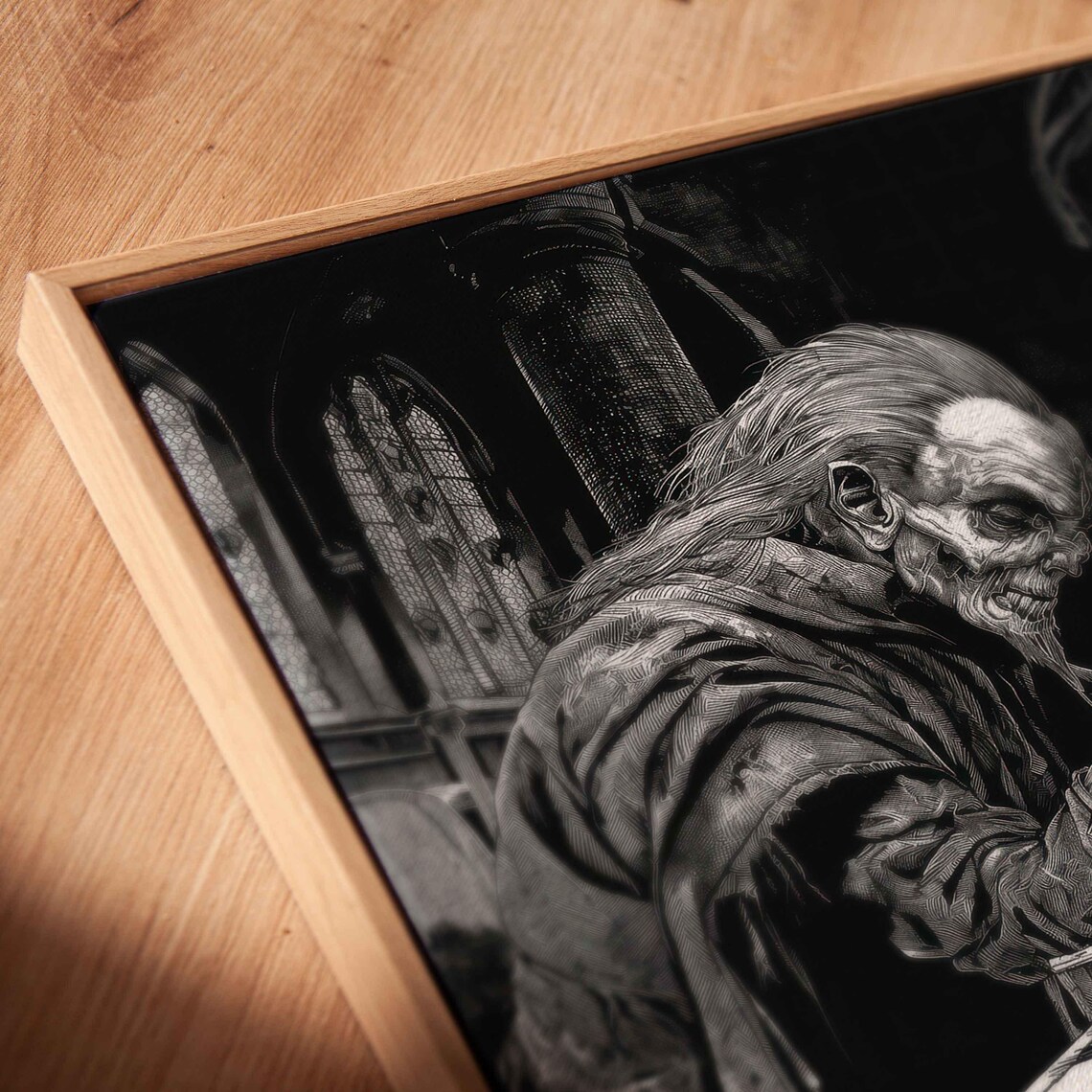 Skeleton Playing Chess Against Vampire In Gothic Cathedral Hall Ink Poster - Image 2