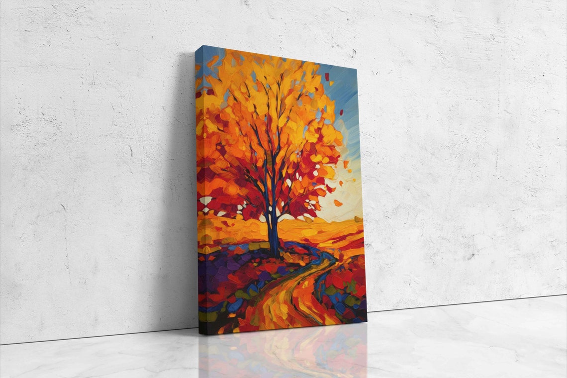 Autumn Tree Palette Knife Painting Fiery Orange Fall Road Art Poster - Image 4