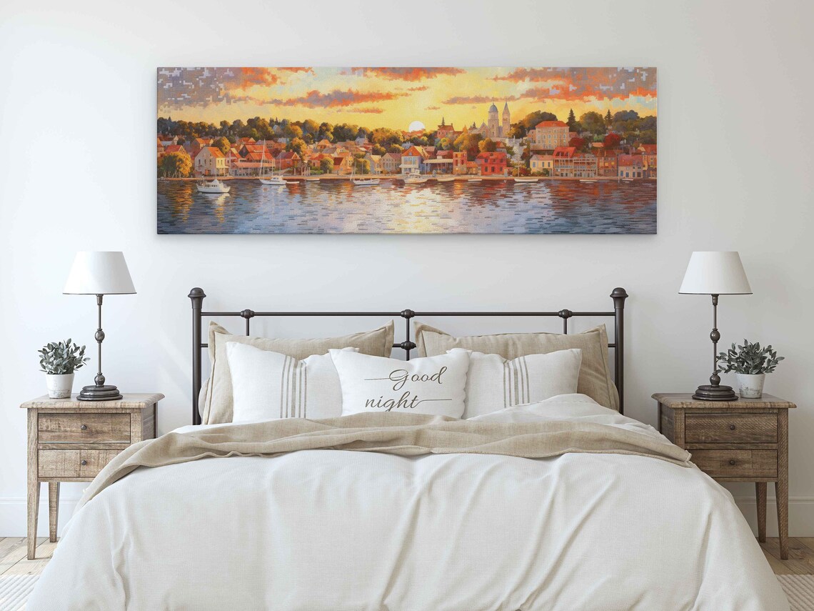 Small Coastal Town at Sunset, Pointillist Art Print - Image 3