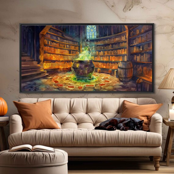 Witch Cauldron Green Potion Old Library Spell Books Candlelit Poster