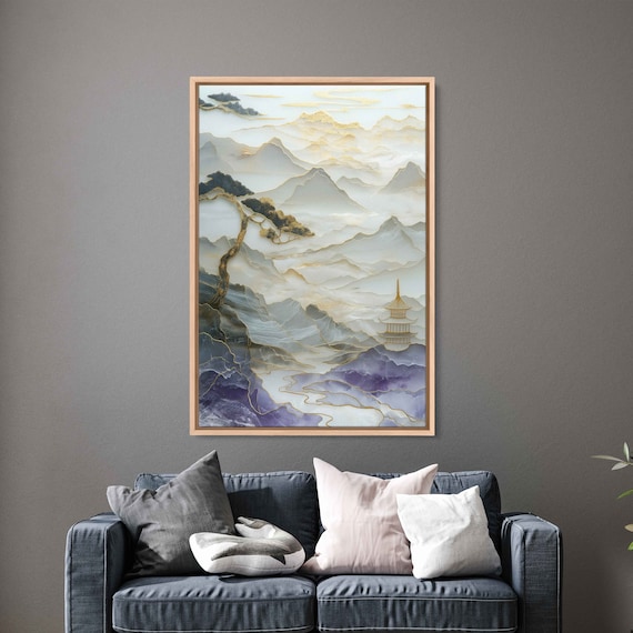 Gold Inlaid Jade Pagoda Wall Art Print Chinese Landscape Painting Chinese Ink Art Bonsai Trees Ready To Hang