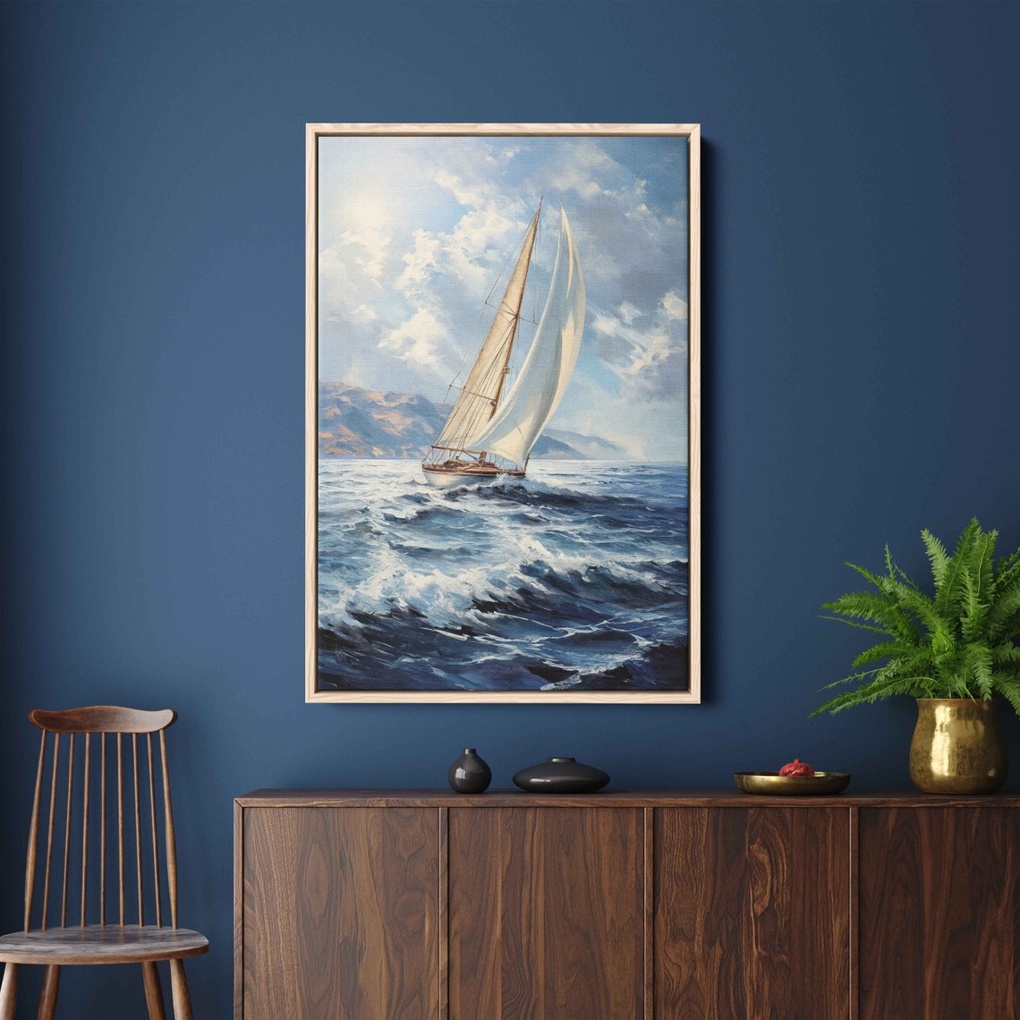 Sailboat Cutting Deep Blue Waves Sunlit Clouds Ocean Sailing Poster - Image 2