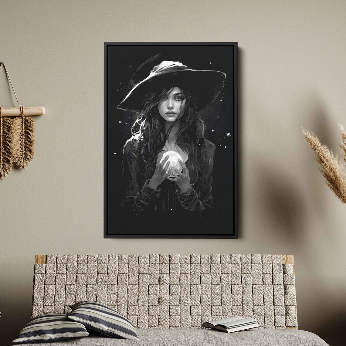 Witch Holding Crystal Ball Black White Wide Brim Hat Stars Halloween Art Print - Image 2