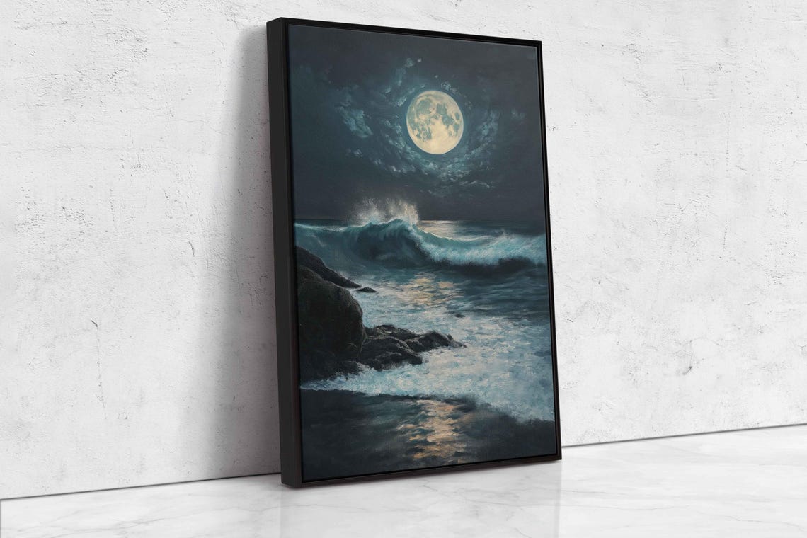 Full Moon Rising Over Night Ocean Waves Rocky Coastline Art Poster - Image 4