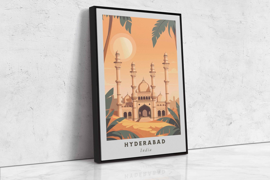 Hyderabad India Vintage Mosque Palm Sunset Retro Travel Poster - Image 2