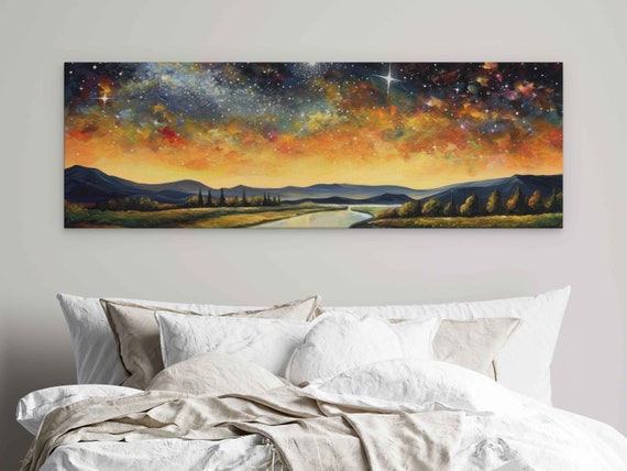 Starry Night Landscape Panoramic Oil Painting Art Print On Ready To Hang Living Room Decor Large Wall Art