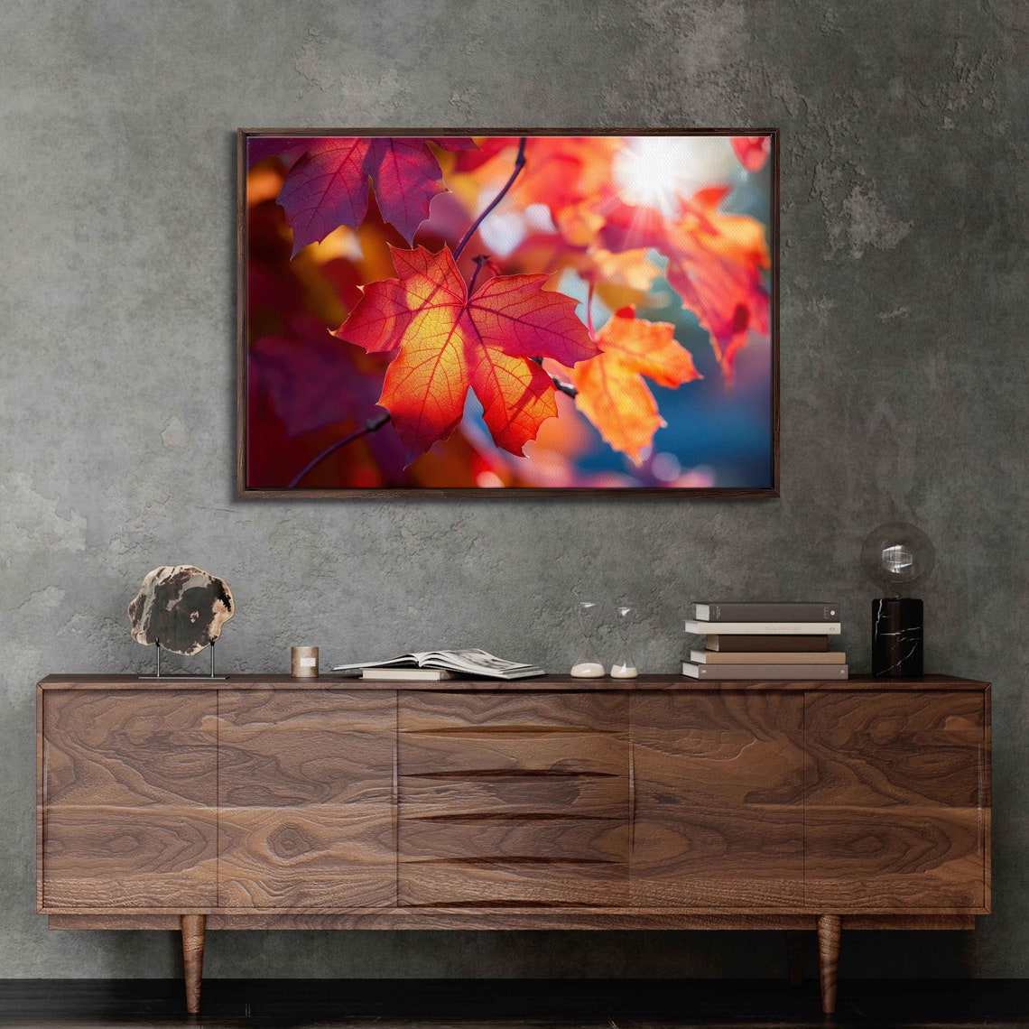 Sunlit Red Maple Leaves Close Up Backlit Fall Nature Photo Poster - Image 3