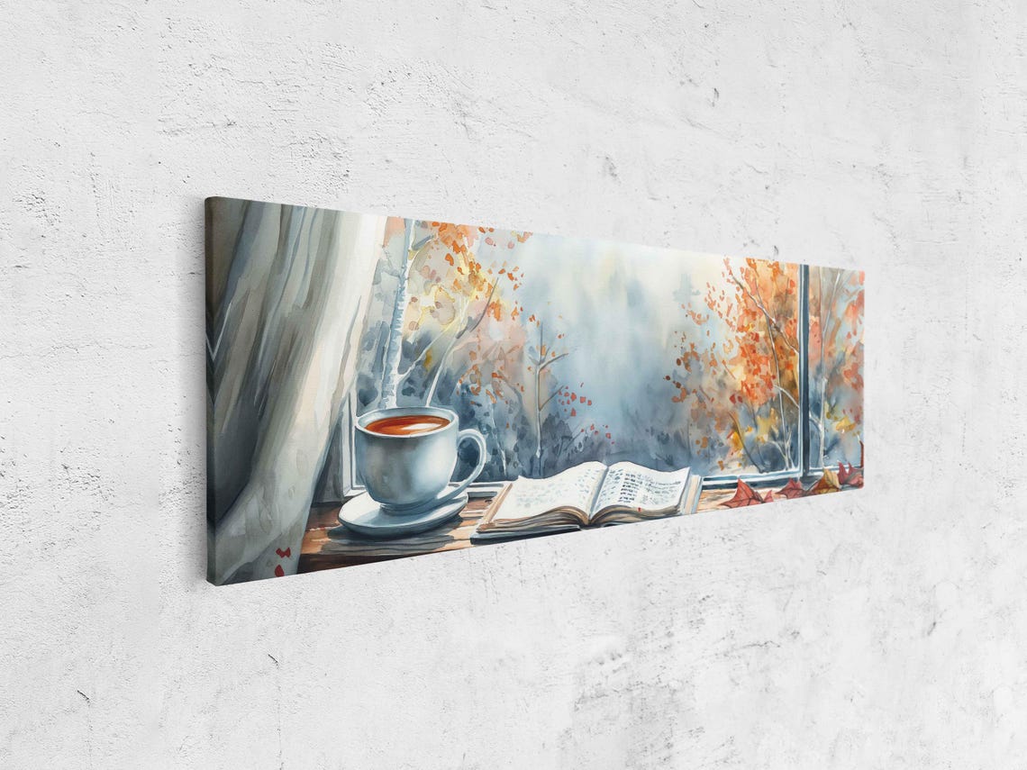 Cozy Autumn Book And Tea Cup On Windowsill Watercolor Fall View Poster - Image 4