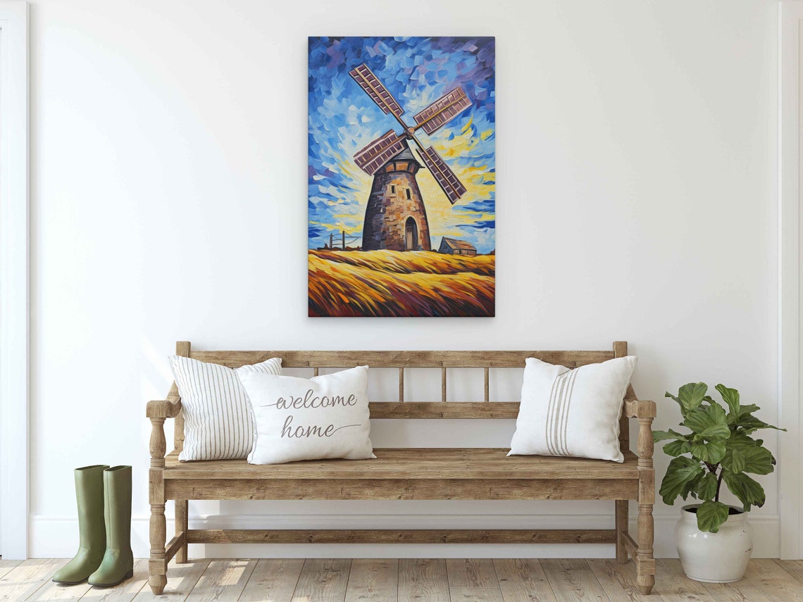 Windmill Impressionist Art Van Gogh Inspired Palette Knife Painting Framed Print Ready To Hang - Image 2