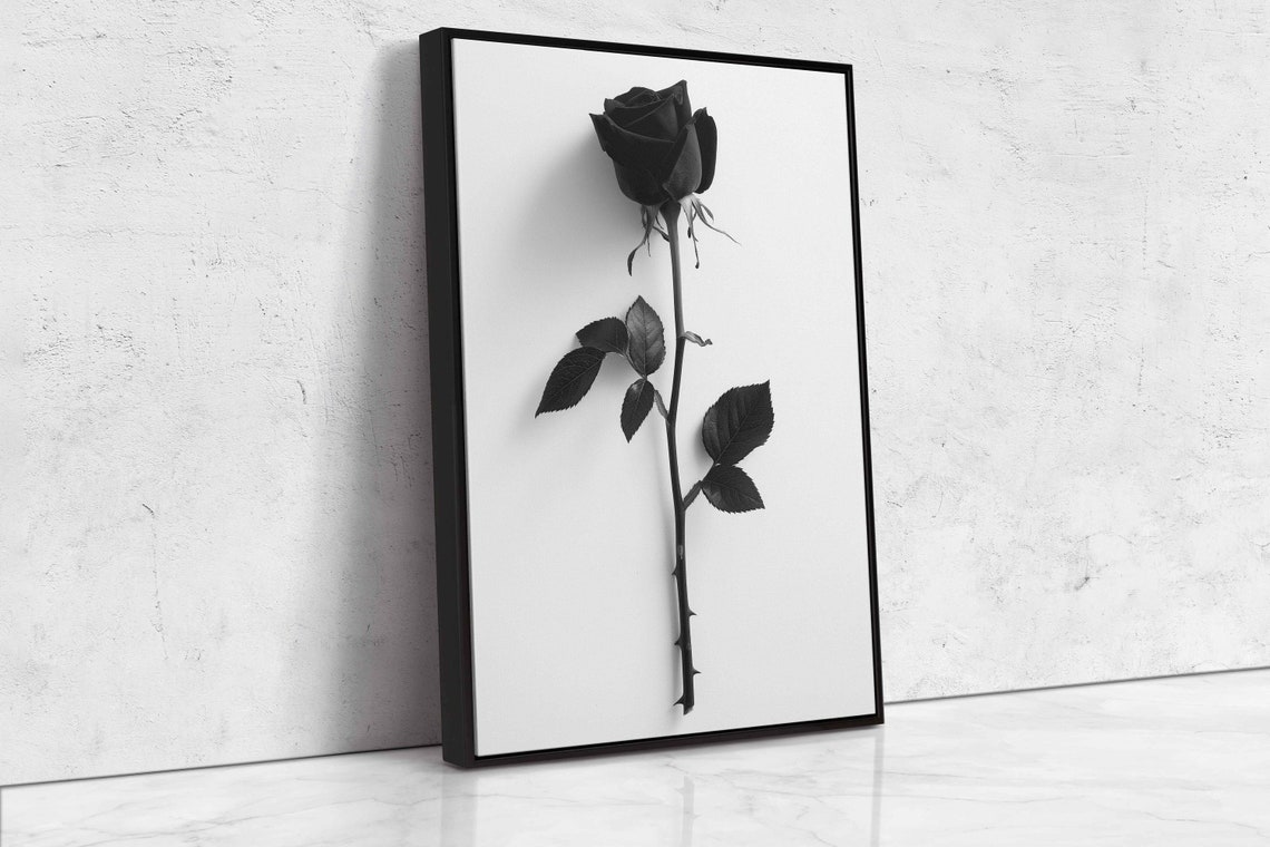 Single Black Rose Stem Monochrome Minimalist Flower Art Poster - Image 4