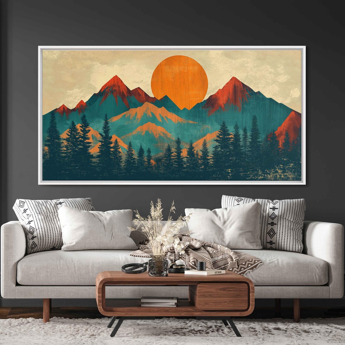 Woodcut Sunset Over Mountain Range And Forest Wall Art Print Nature Lover Outdoors Scenery Gift For Hiker Ready To Hang