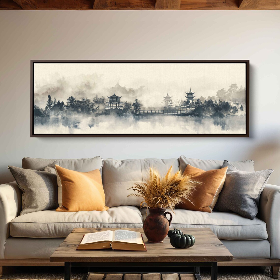 Misty Asian Pagoda Ink Painting Foggy Mountains Lake Art Poster - Image 3