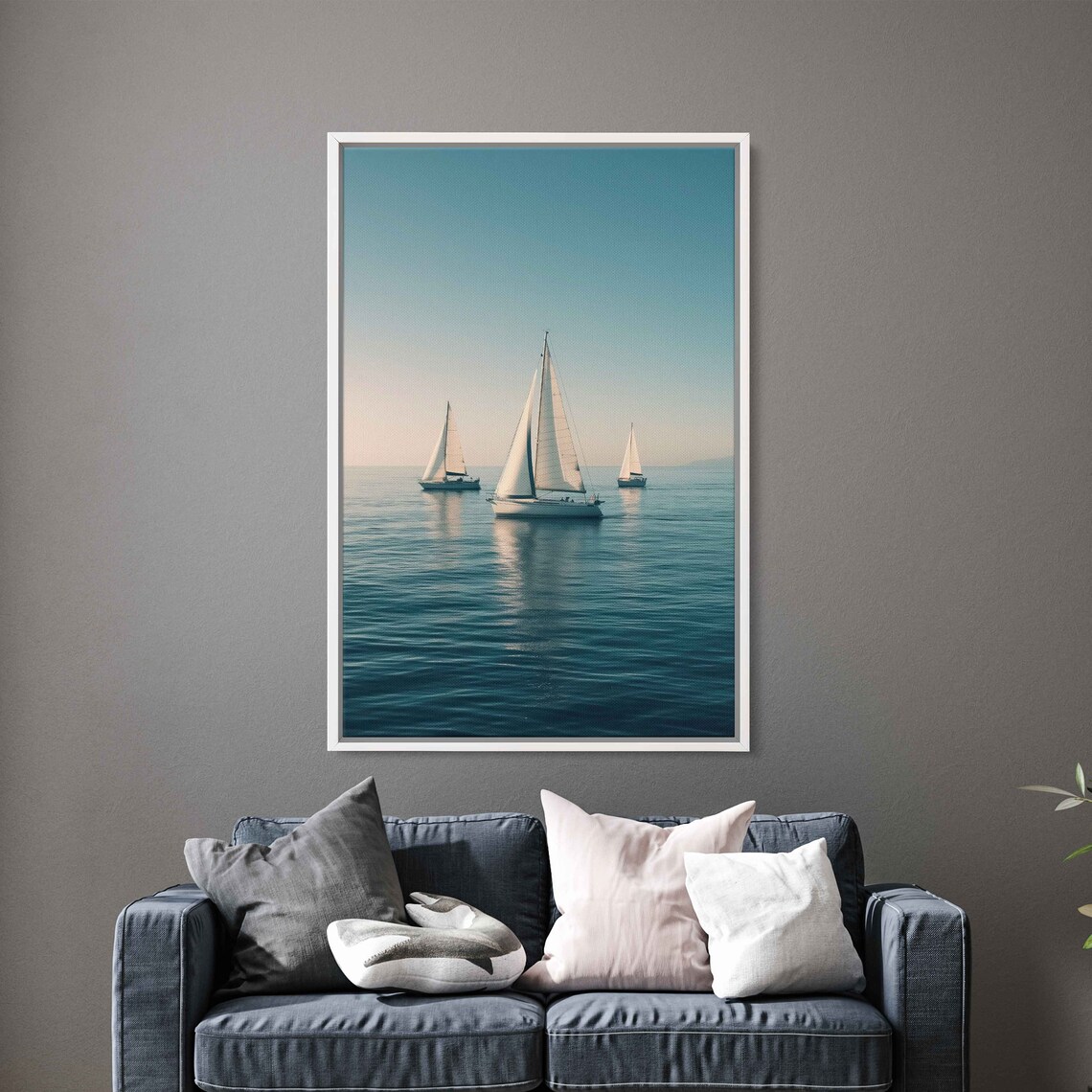 Three Sailboats Calm Blue Sea Golden Light Serene Nautical Travel Poster - Image 2