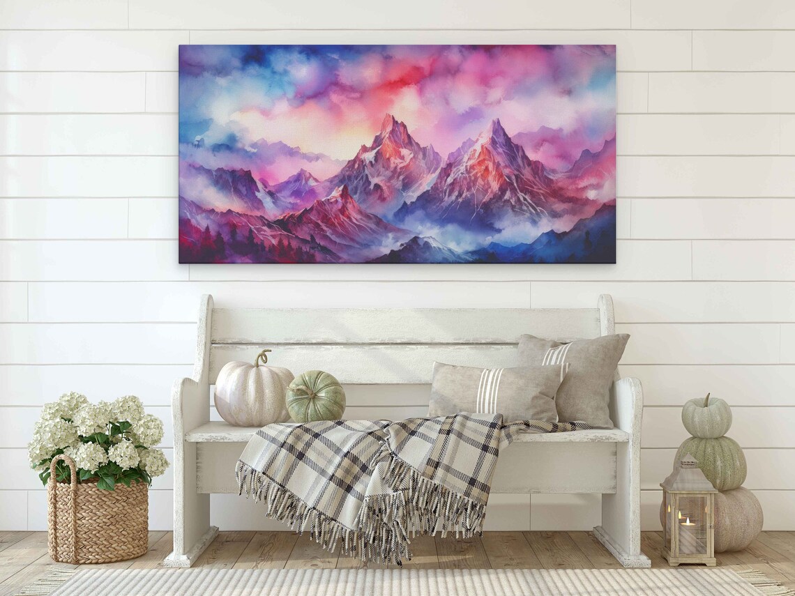 Red Blue Abstract Mountain Peaks Stormy Watercolor Art Poster - Image 4