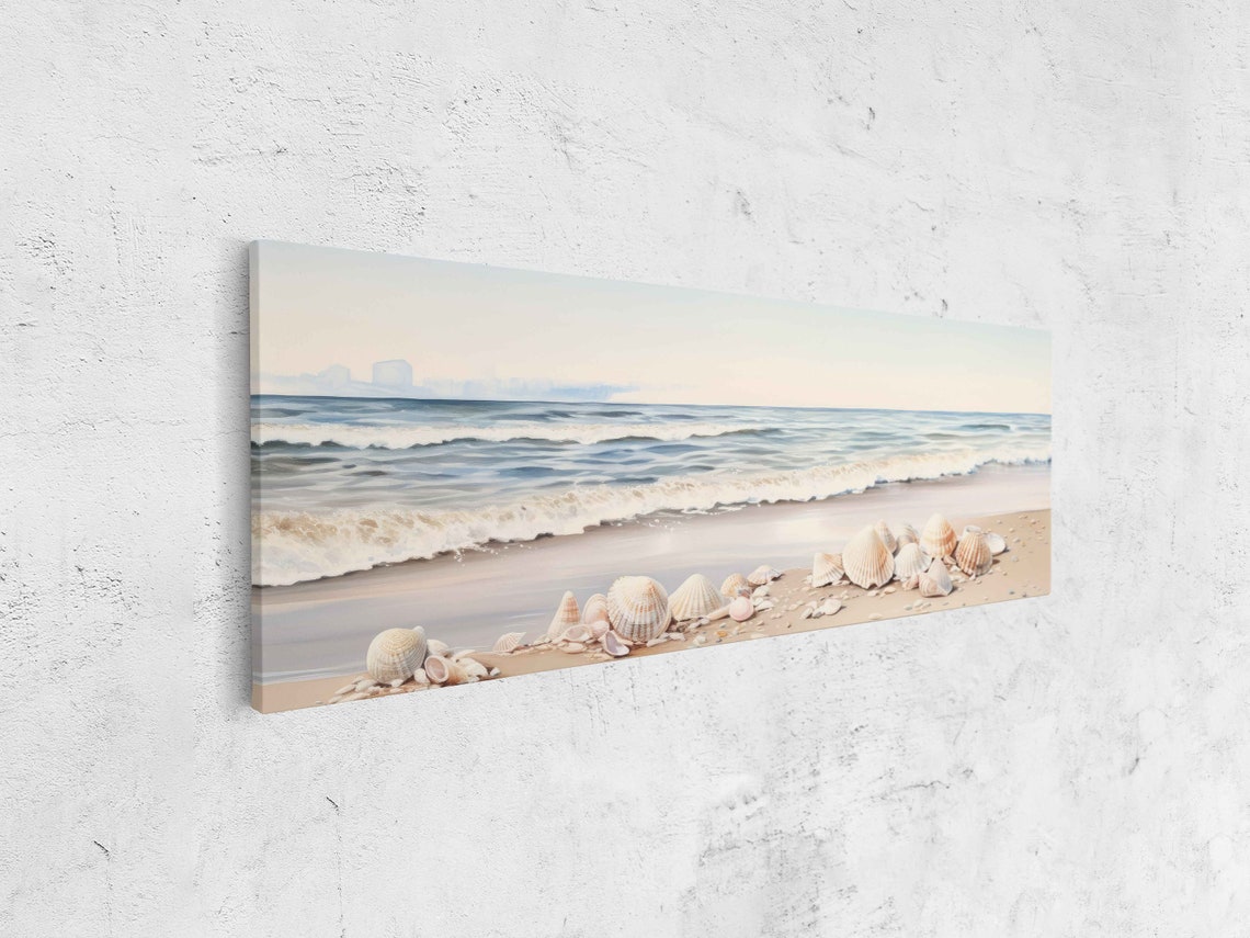 Watercolor Seashell Beach Panoramic Crashing Waves Shore Coastal Print - Image 4