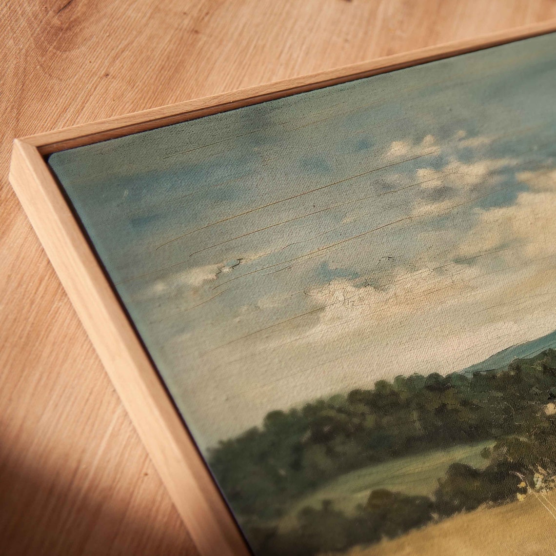 Vintage Landscape Painting Lush Greenery Cloudy Blue Sky Wall Art Print Ready To Hang - Image 2