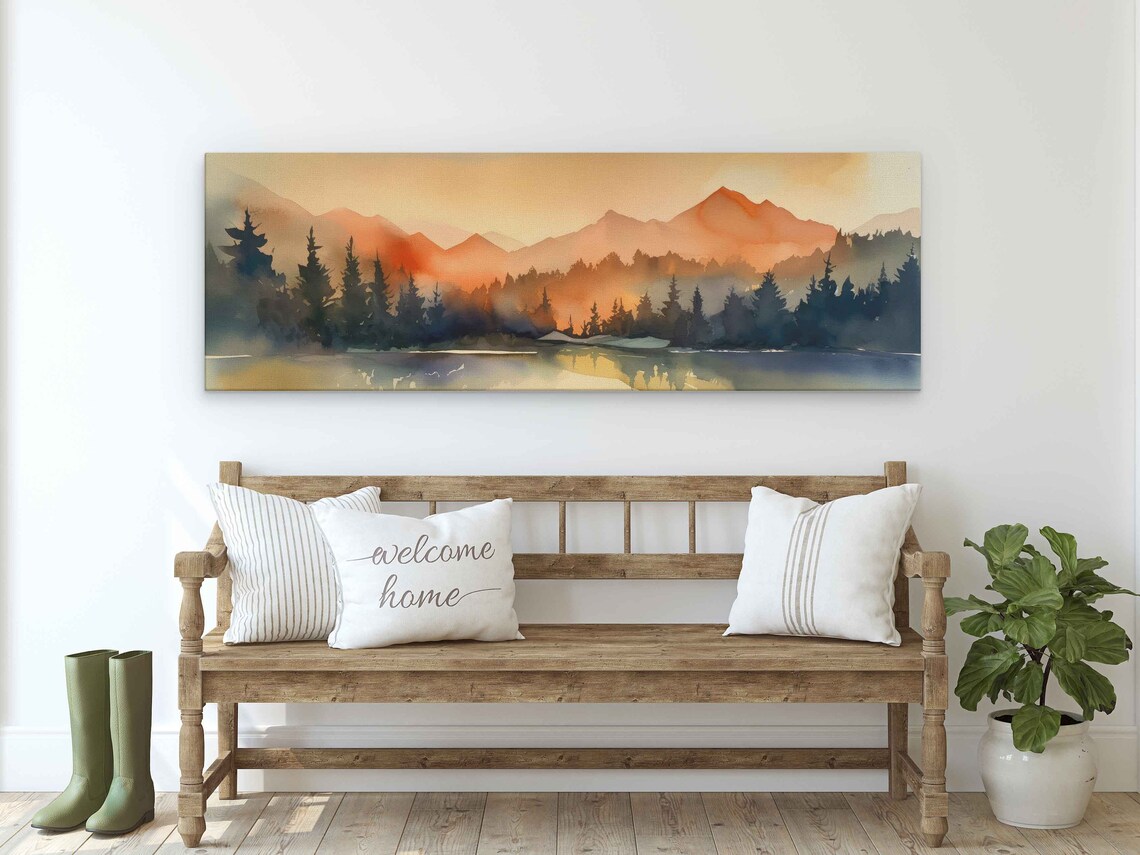 Sunset Mountain Lake Pine Forest Watercolor Panoramic Travel Poster - Image 3