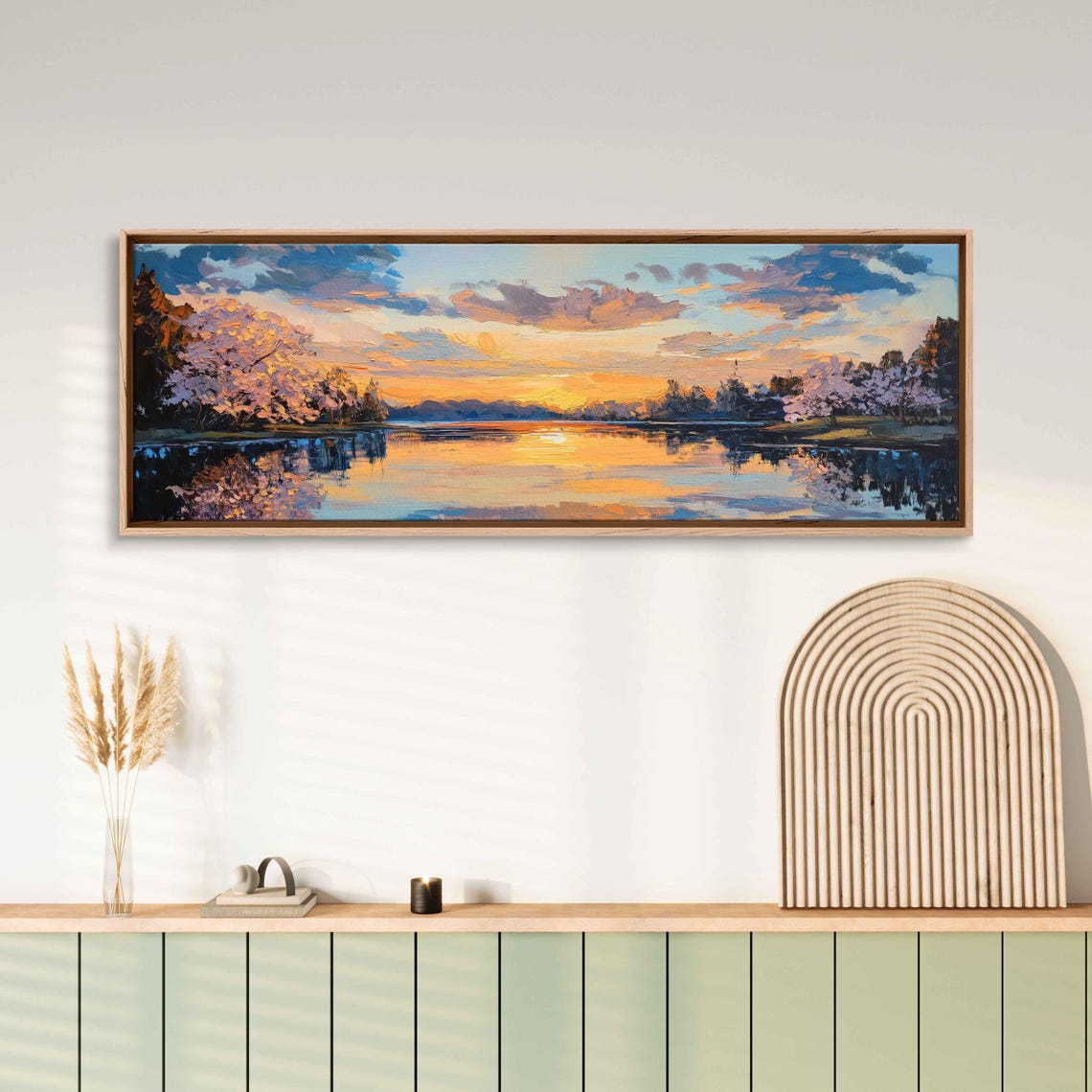 Breathtaking Spring Landscape Wall Art Print Fiery Sunset Reflections Blooming Trees - Image 3