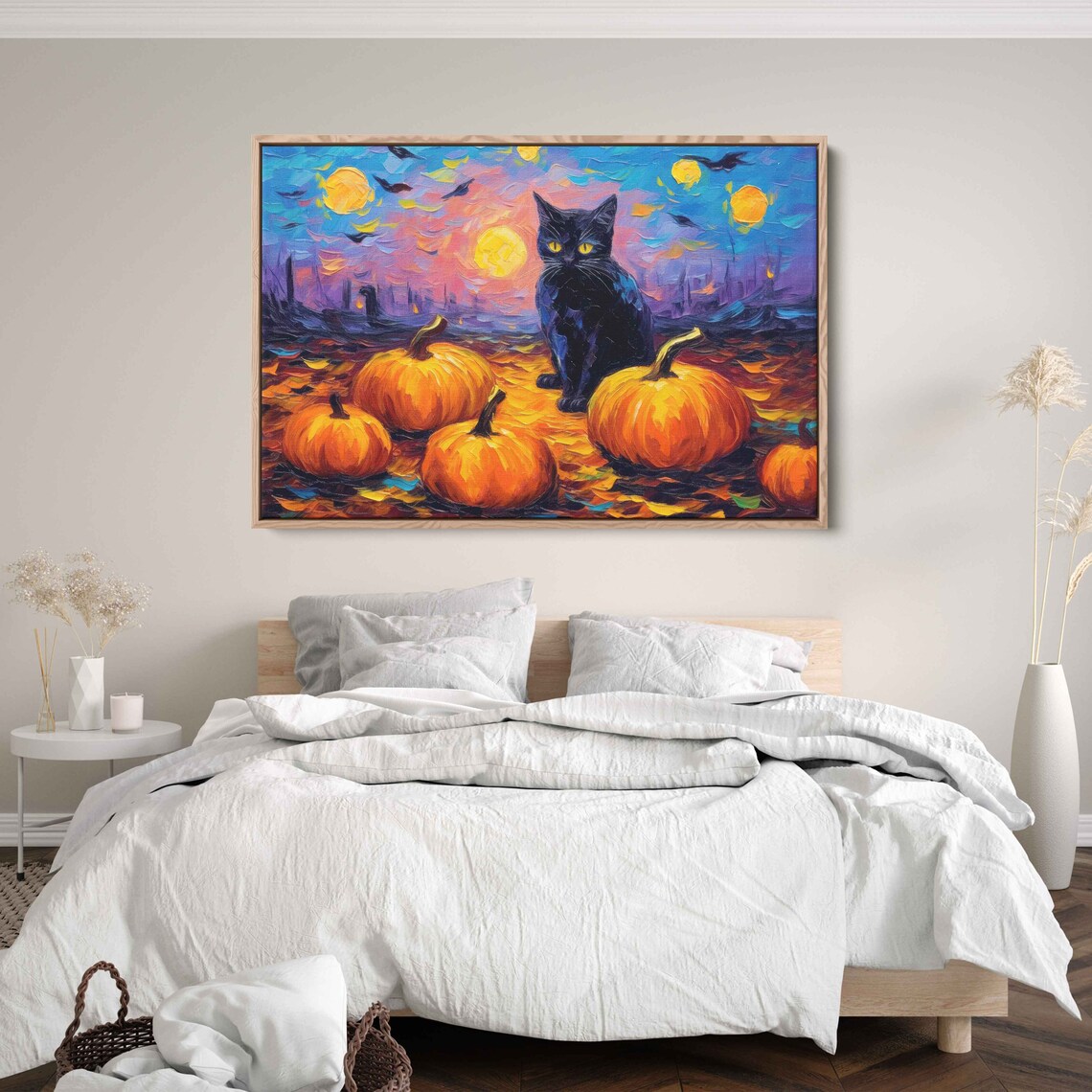 Black Cat Among Pumpkins Halloween Night Colorful Sunset Painting Art Poster - Image 3
