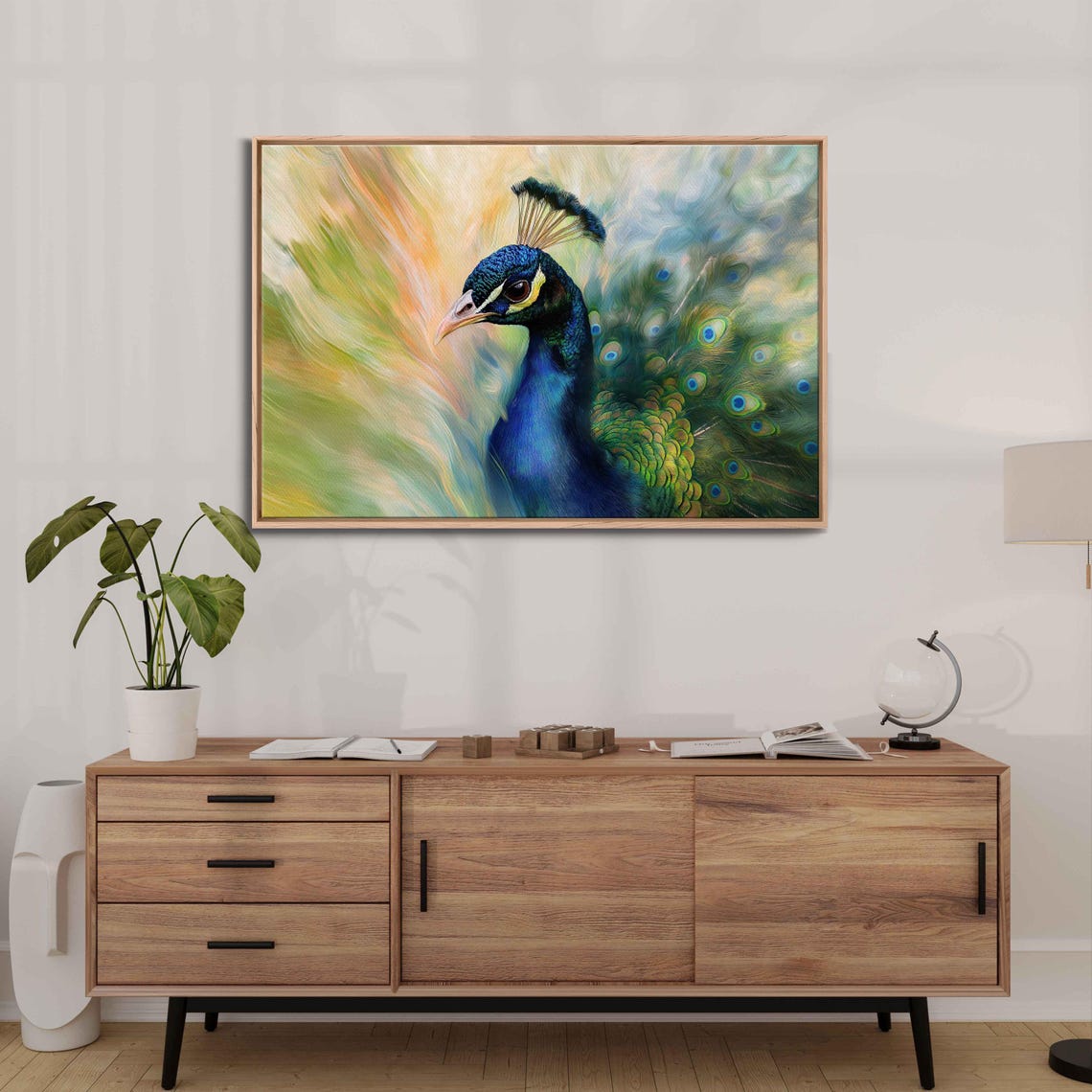 Peacock Portrait Closeup Blue Neck Soft Green Gold Wall Art Print