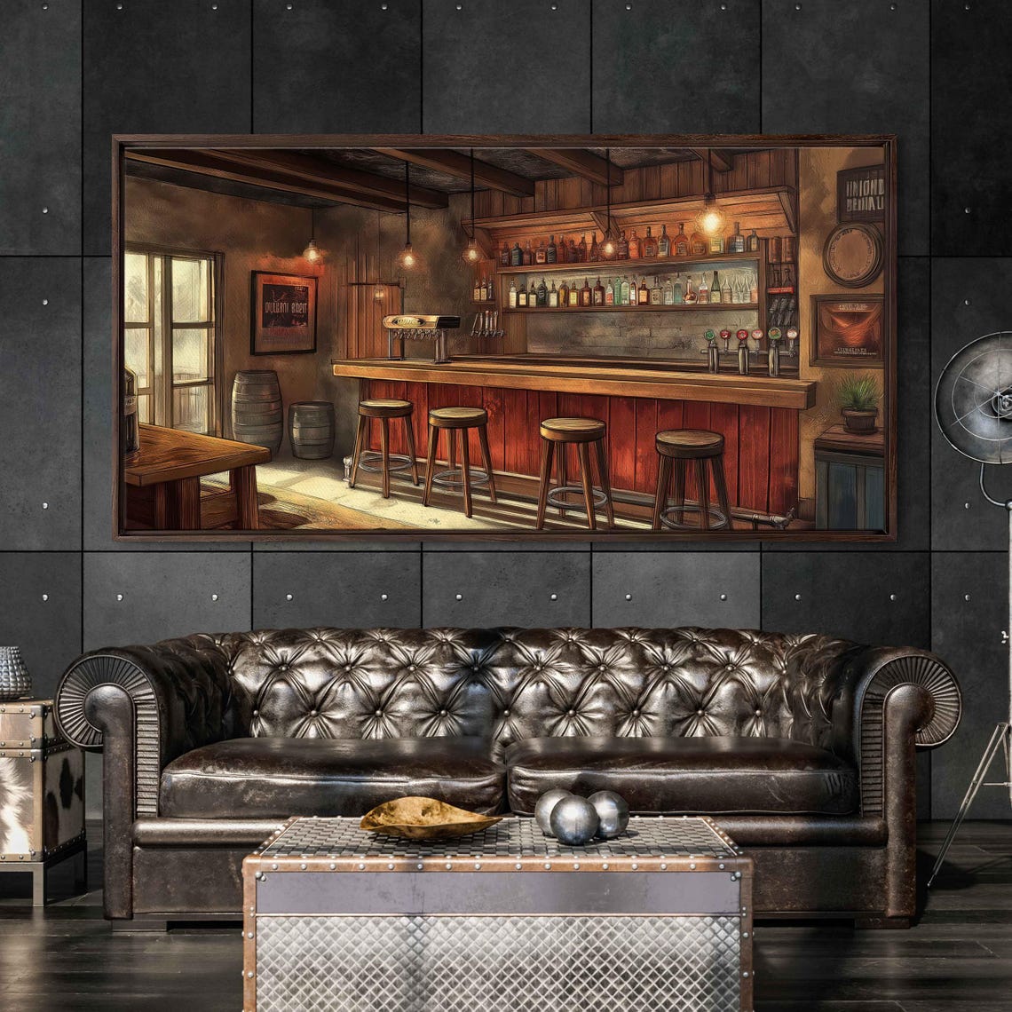Rustic Pub Interior Wooden Bar Stools Barrels Warm Glow Poster