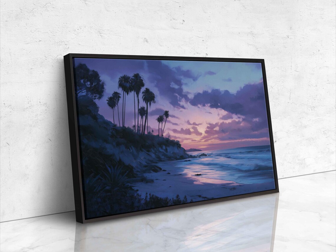 Tranquil Beach Scene, Silhouetted Palm Trees Dusk Sky - Image 4