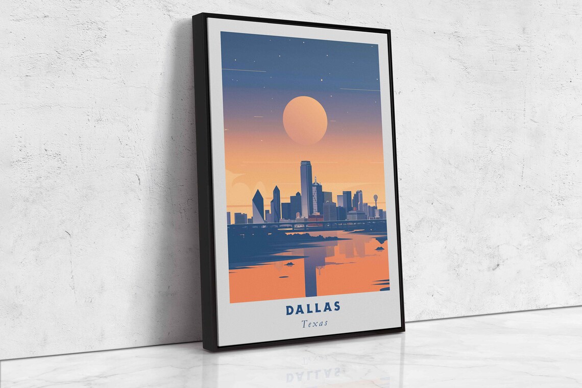 Dallas Texas Skyline Big Sun Sunset Over River Vintage Travel Poster - Image 2