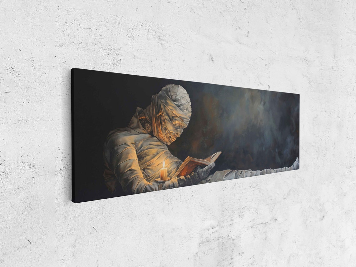 Mummy Reading Book by Candlelight Spooky Oil Painting Panoramic Print - Image 4