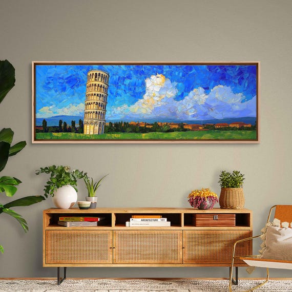 Leaning Tower Of Pisa Wall Art Print Bold Oil Painting With Vibrant Colors Exaggerated Perspectives