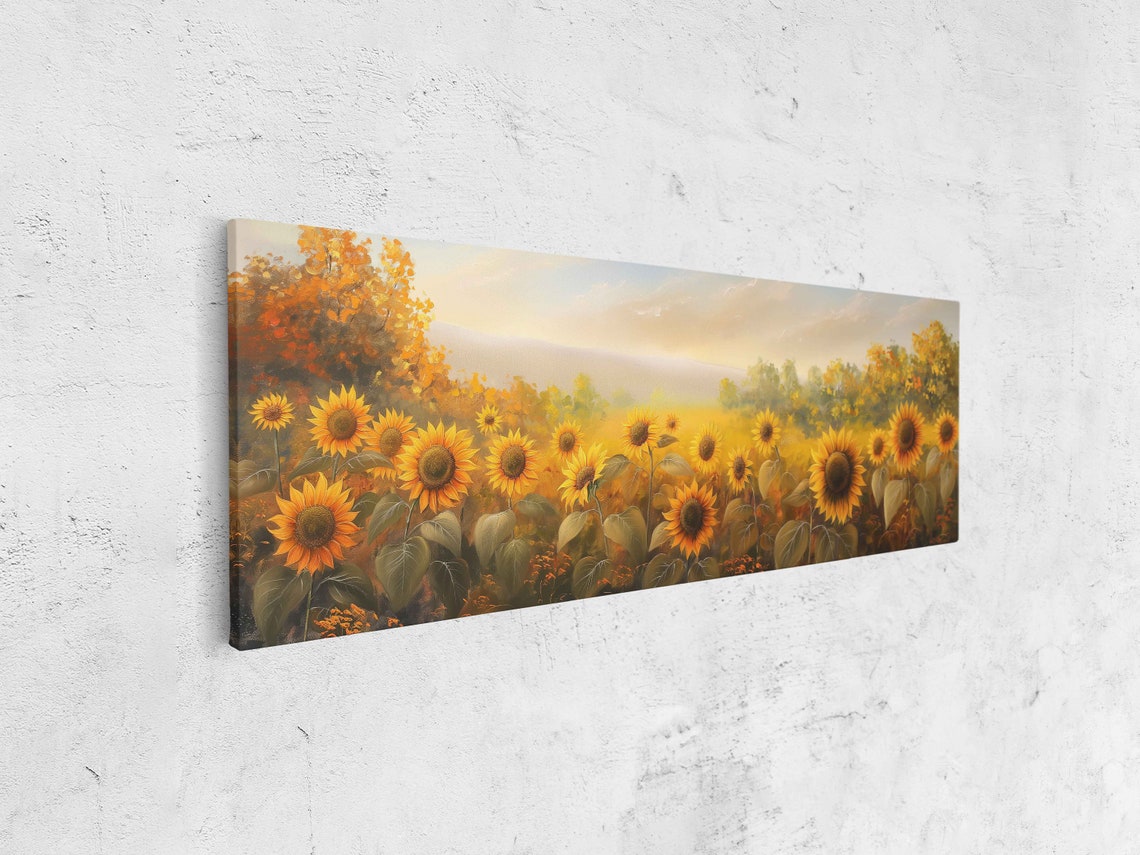 Sunflower Field With Autumn Trees Backdrop Golden Light Art Poster - Image 4